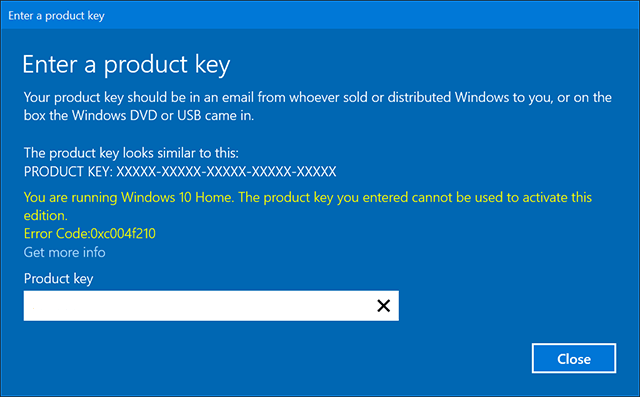 windows 10 home to pro upgrade key not working